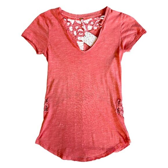 NWT Free People Peach Punch Lace Back Tee Coral Top Small boho casual - Picture 2 of 8